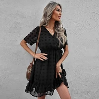 summer dresses woman 2022 chiffon wrap v neck polka dot mini casual dresses ladies party short sleeve lace up outfits sundress