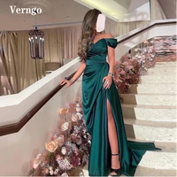 verngo dark green satin evening dresses off the shoulder pleats side slit sweep train prom dress women formal party dress