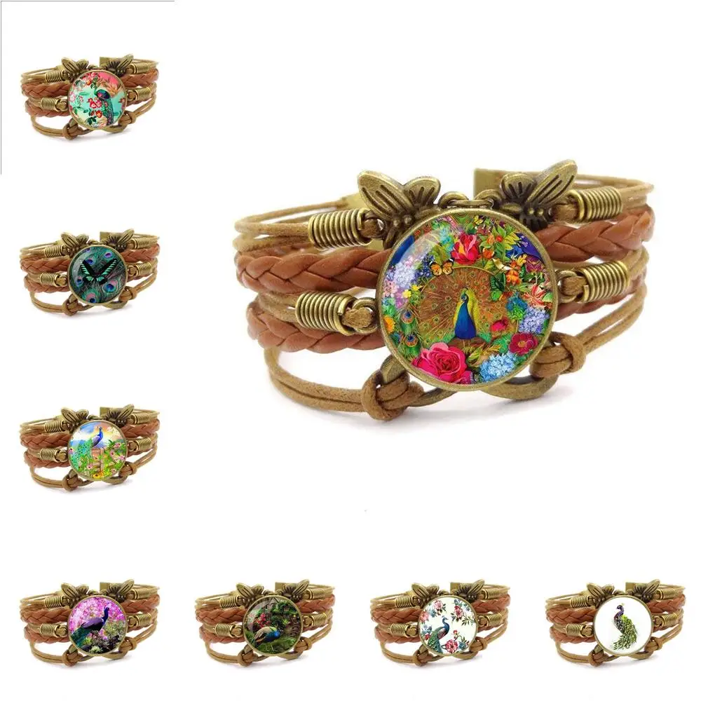 Peacock Flowers For Women Multilayer Brown Leather Bracelet Bangle Cartoon Jewelry For Juniors