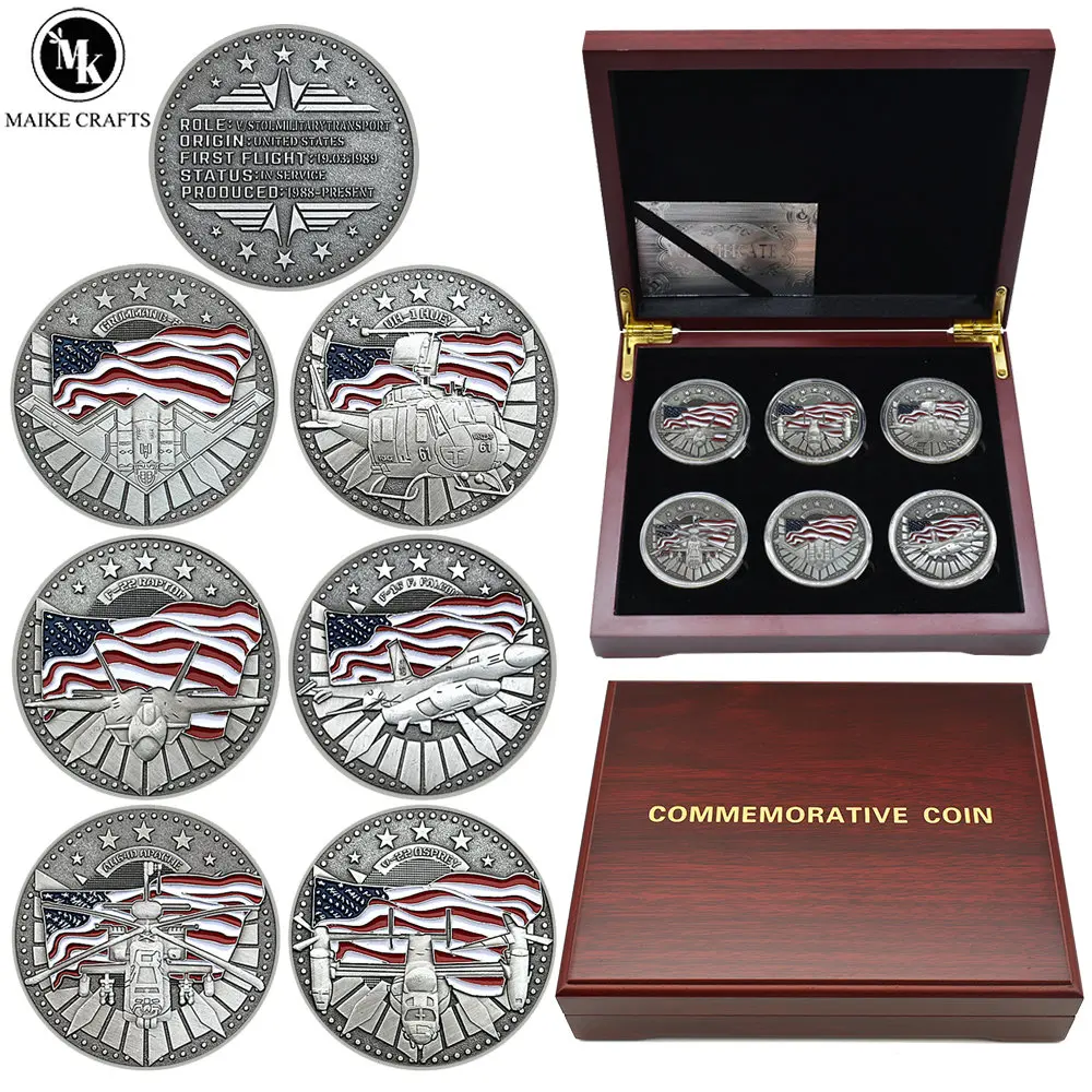 

6pcs/box US Classic Retro Military Aircraft Military Coin F-16 Fighter Boeing Bell V-22 Fighter Commemorative Coin Collection