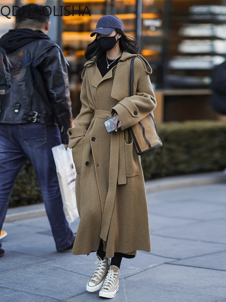 

Женское вязаное пальто средней длины с поясом, Свободный кардиган, ленивый тренчкот высокого качества, модная утепленная ветровка, новинка зимы