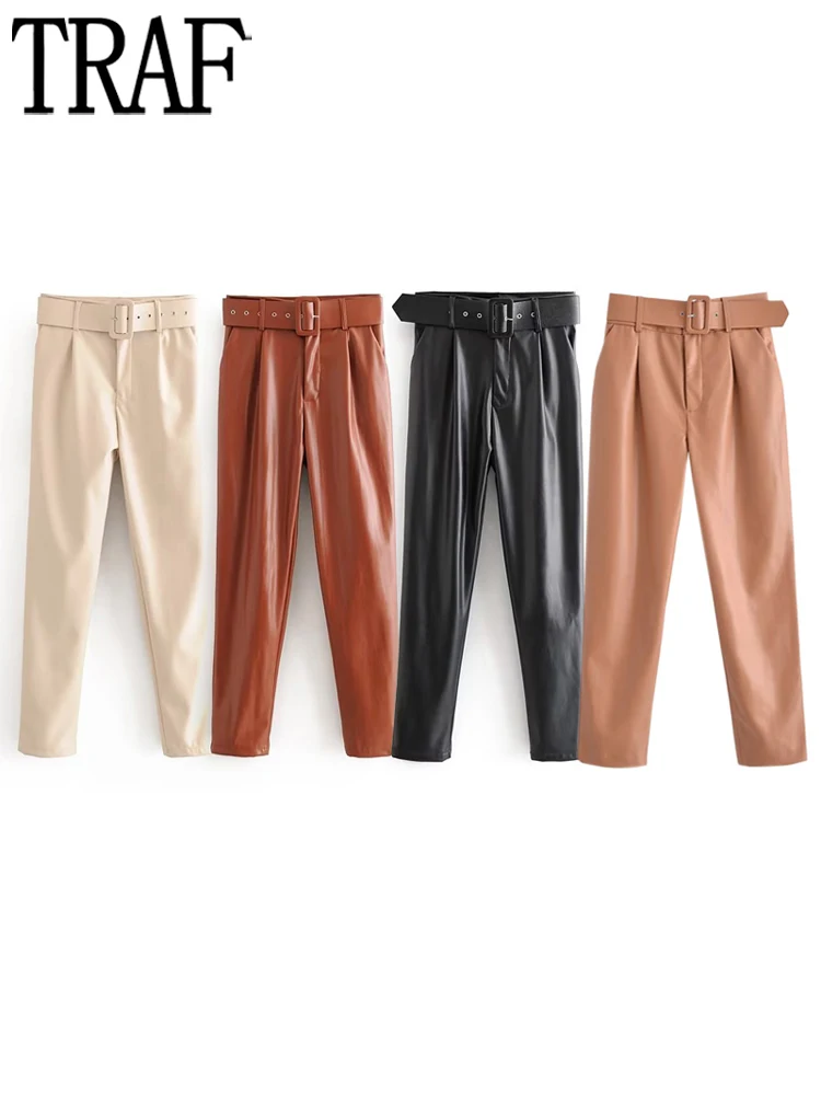 

TRAF Faux Leather Trousers Women Pencil High Waist Pants for Women Winter Office Wear Pants Women Streetwear Casual Pants Woman
