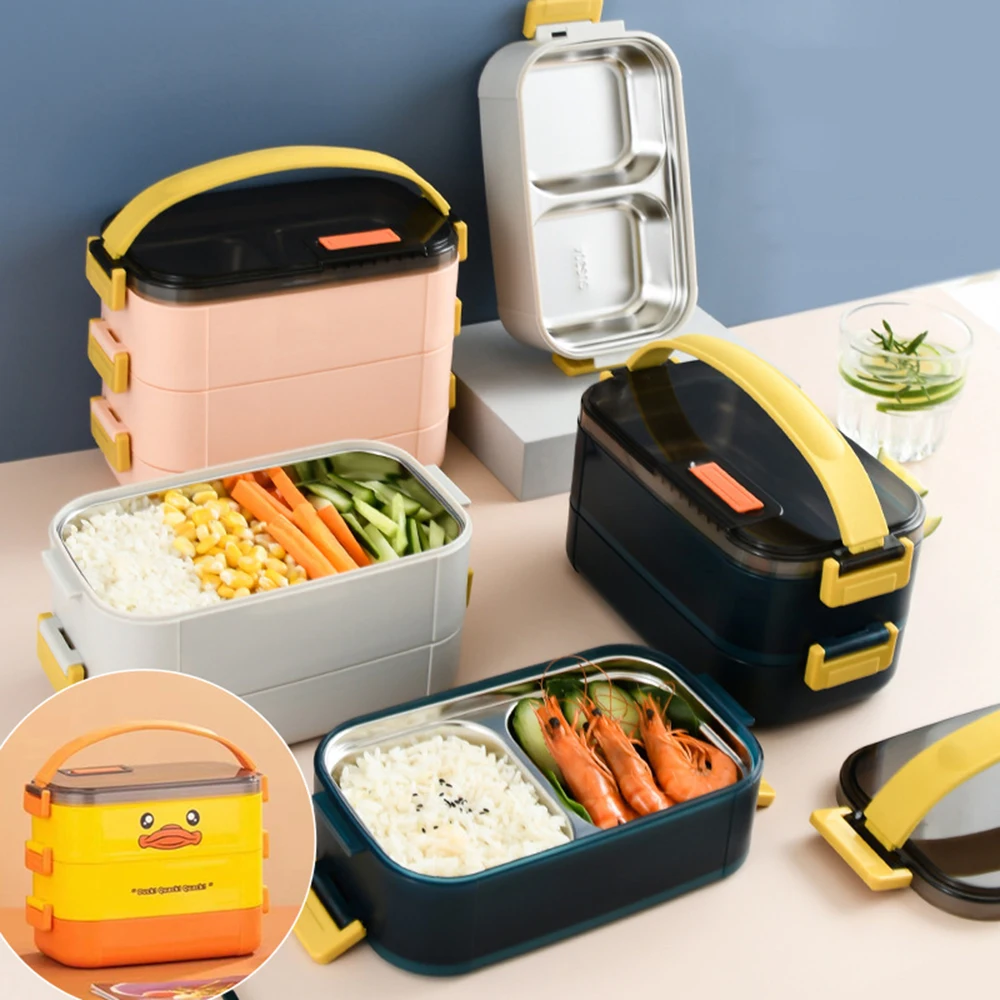 

304stainless steel lunch box double-layer microwave-heated bento box student little yellow duck compartment insulation snack box