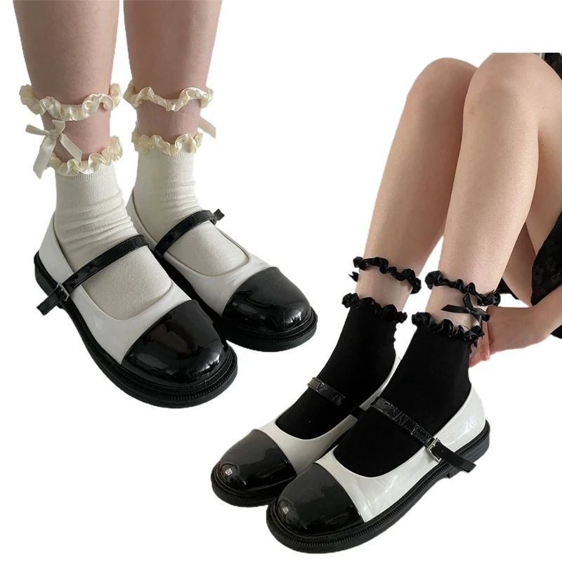 

Women Socks-Lolita Bowknot Socks Mid-Tube Socks Lace Trim Frilly Socks Comfortable Cotton Socks Breathable Summer