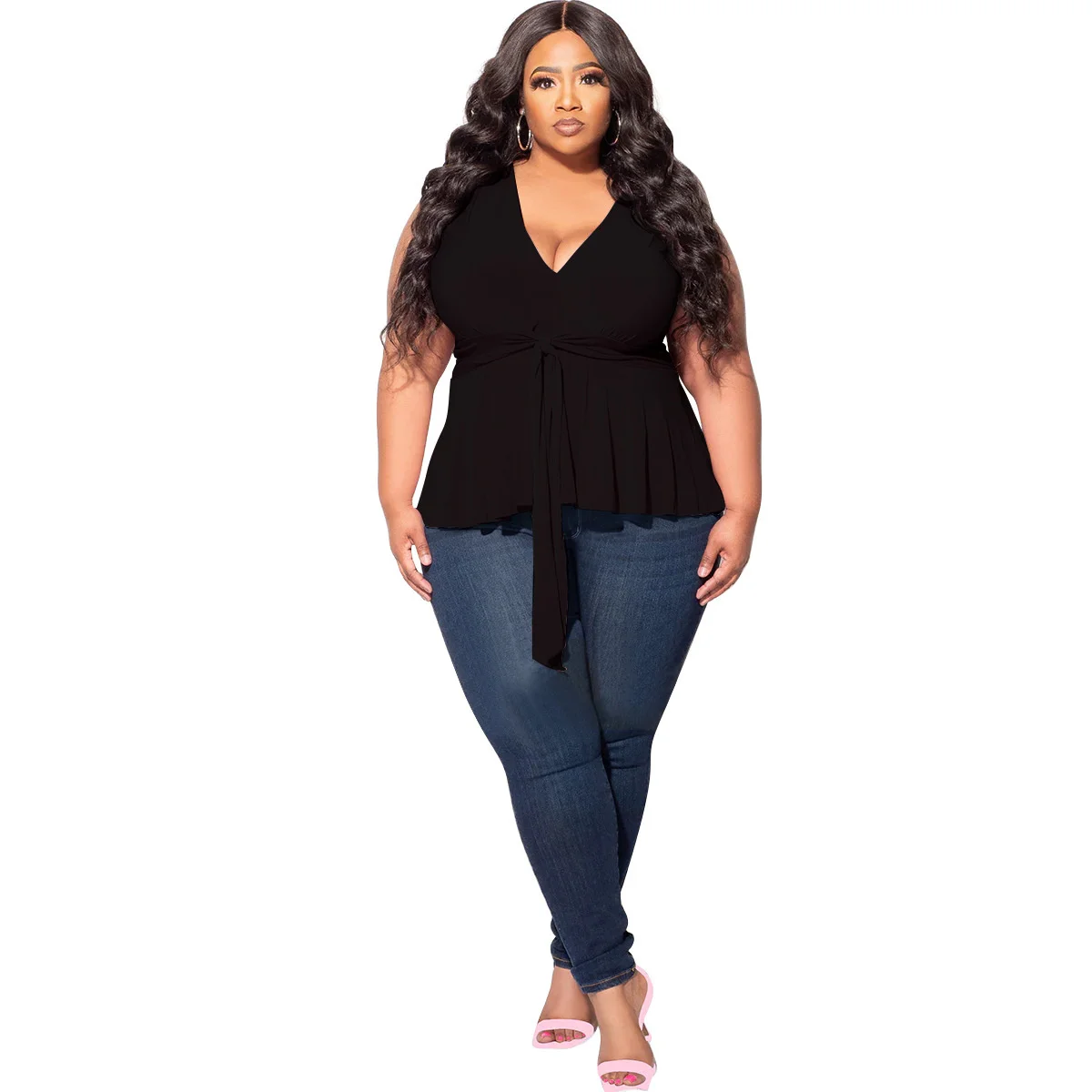 Plusee Women T-shirt Plus Size Solid Colour V-neck Sleeveless Lace-up Fashion Summer T-shirt Short Sleeve Casual Office Lady Top