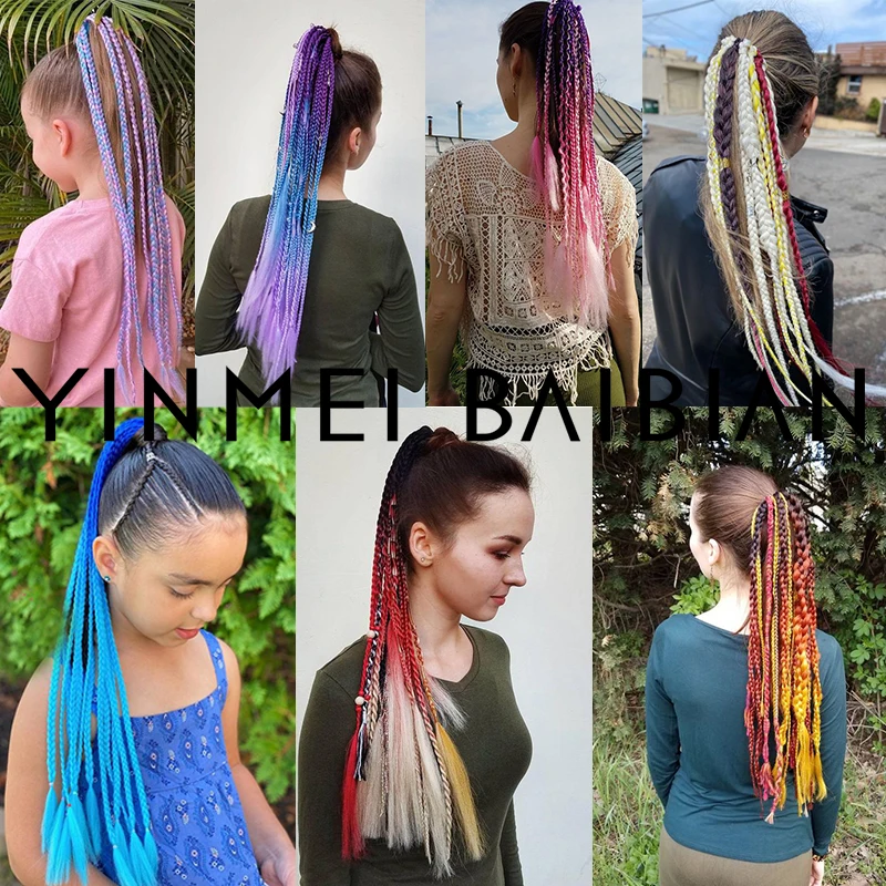 Synthetic Girls Box Braids Ponytail With Elastic Rubber Band Hair Colored Box Pigtail Rope Headdress Kid Ponytai Hair Extensions
