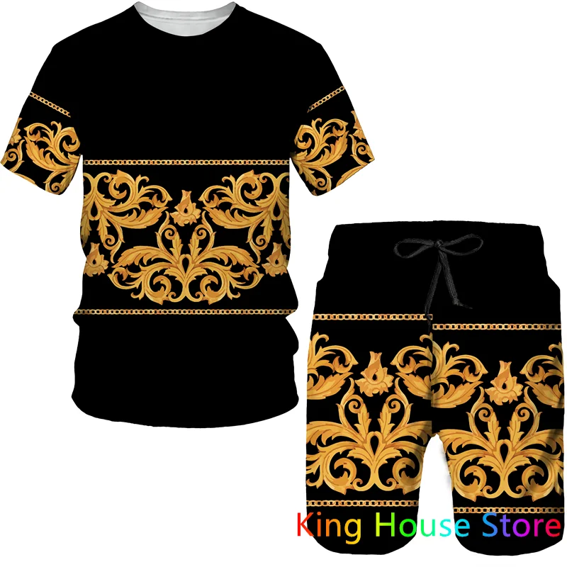 Summer Tracksuit For Men New Luxury Symmetrical Print Short Sleeve T Shirt Shorts 2 Piece Set Oversized Trendy Sportwear Set