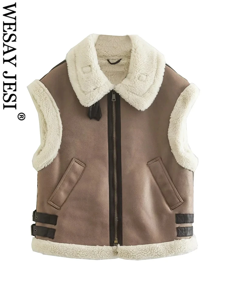 

WESAY JESI 2022 Thick Warm Chic Vest Coat Autumn And Winter Women Fashion Jacket Female Fleece Splice Sleeveless Coat Outwear
