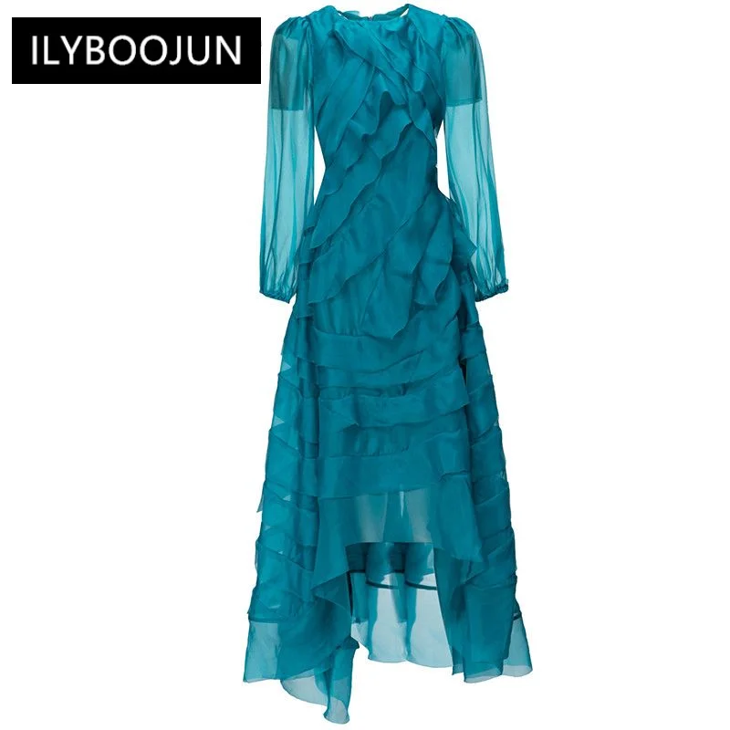 

Женское винтажное платье с круглым вырезом, длинным рукавом и каскадными оборками