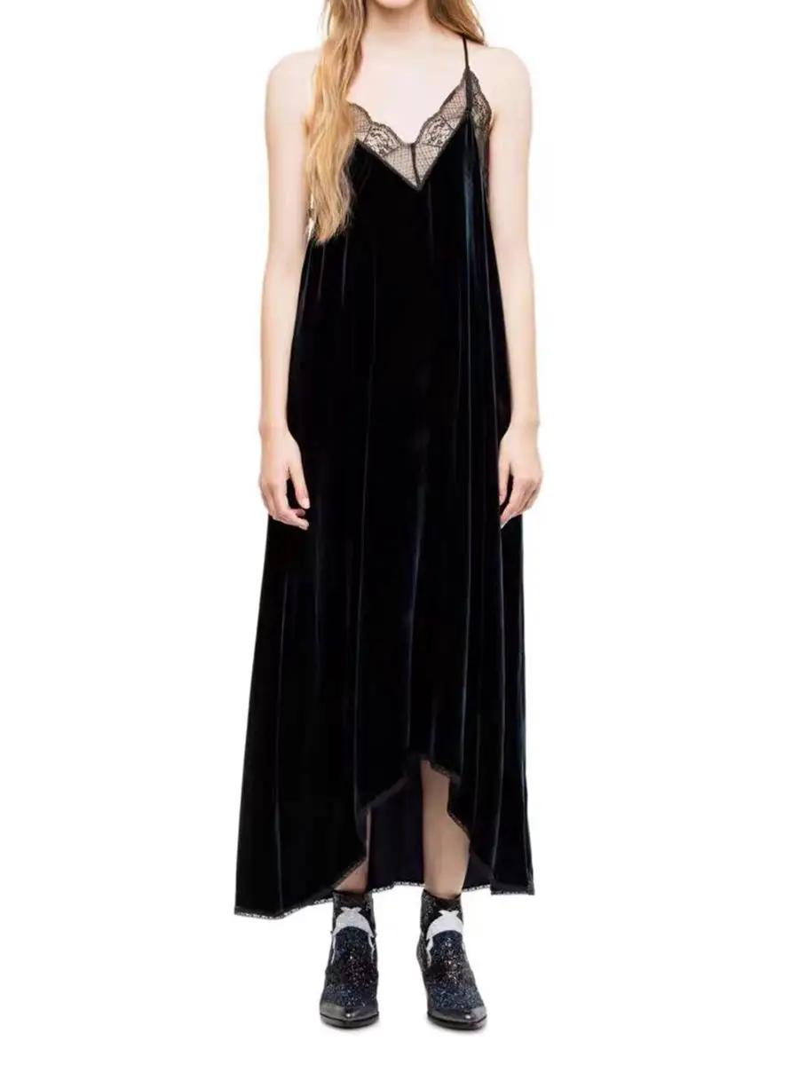 2020 Spring New Silk Velvet Suspender Dress Lace Stitching Women Long Dress Maxi Dress