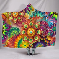 hooded blanket abstract floral bright retro 70s trippy festival rave trip blanket mandala yoga