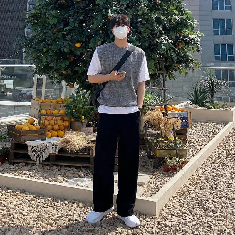 

Осенний оригинальный мужской свободный однотонный вязаный свитер в Корейском стиле модная верхняя одежда с круглым вырезом Повседневный Топ