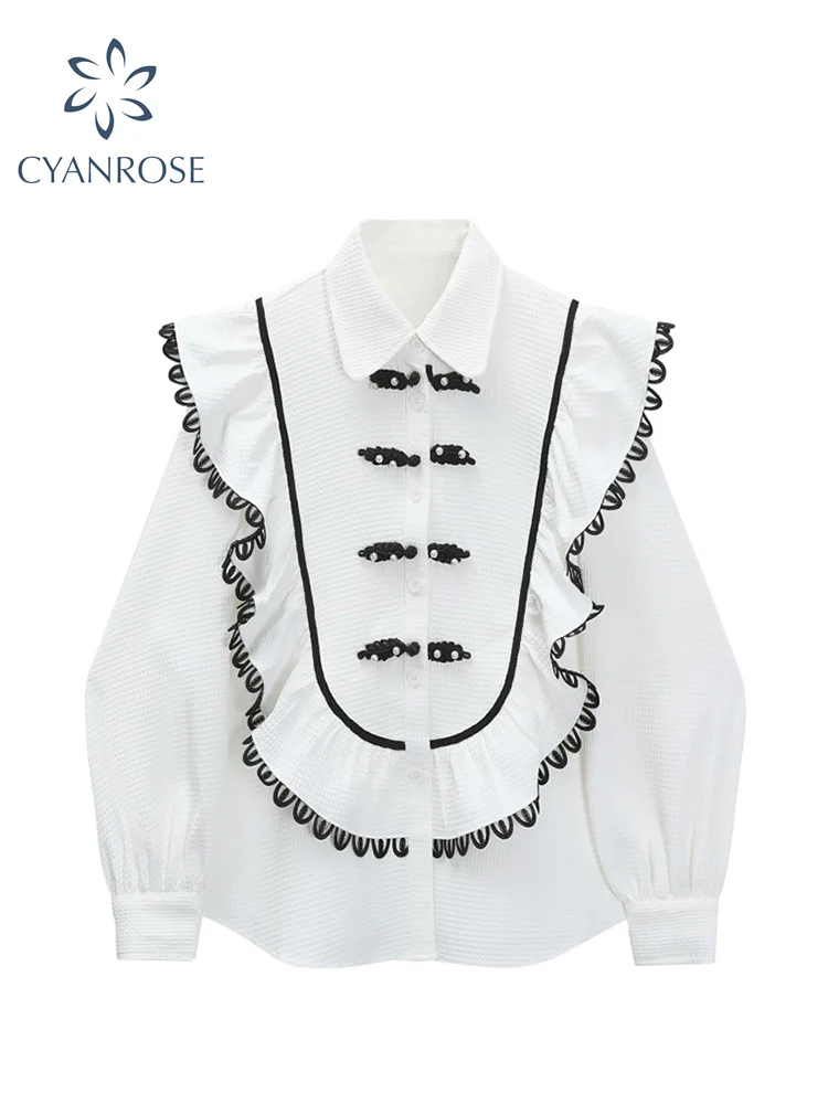 

2022 Women Shirts Vintage Lace Patchwork Fashion Long Sleeve White Office Ladies Shirt Female Streetwear Casual Elegant Blouses
