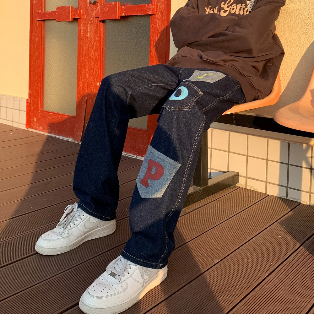 

Men T O P Printed Jeans Multi-pockets Denim Straight Jean Pants Navy blue Men's Hip Hop Jeans Neutral Streetwear denim Trousers