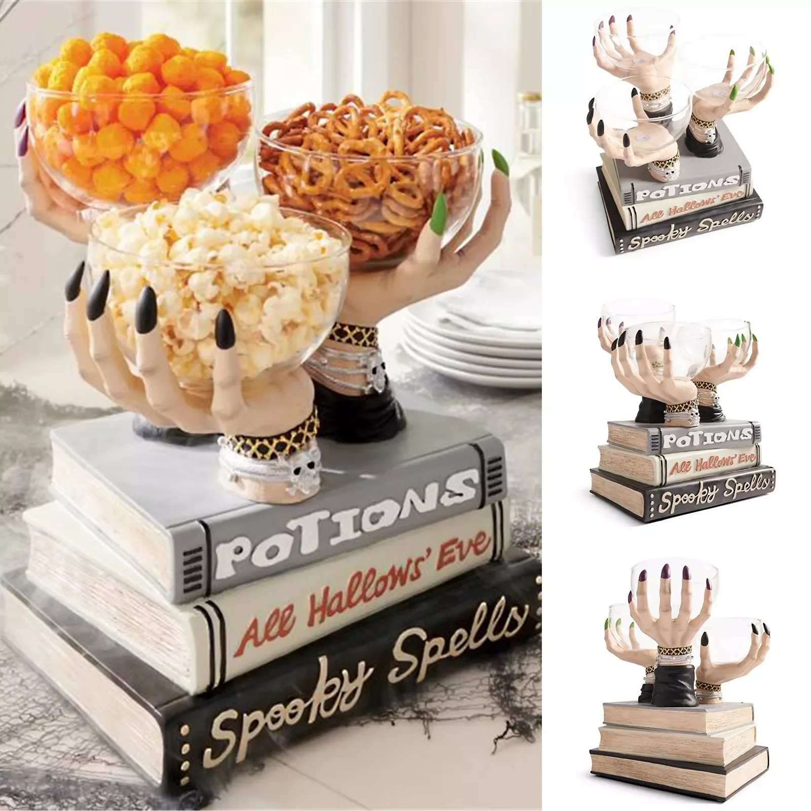 

3PCS Halloween Witch Hand Snack Bowl Rack Resin Crafts Food Snack Tray Bowls Stands Desktop Ornament Home Party Decorations