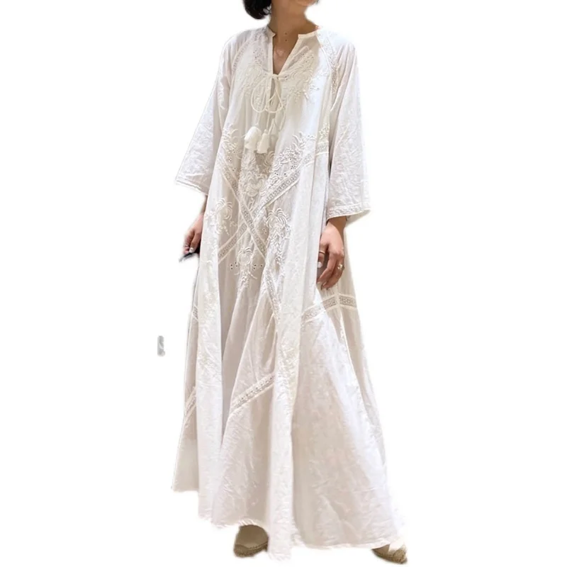 

Long Embroidery White Dress Maxi Dresses Women Summer Casual Dress Elegant Female Robe Abaya Femme Dubai Muslim Hijab Musulman