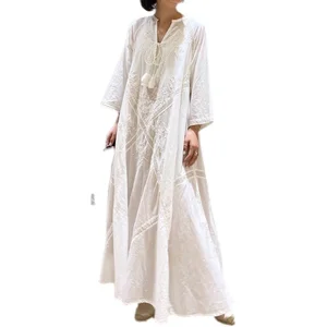 Long Embroidery White Dress Maxi Dresses Women Summer Casual Dress Elegant Female Robe Abaya Femme Dubai Muslim Hijab Musulman