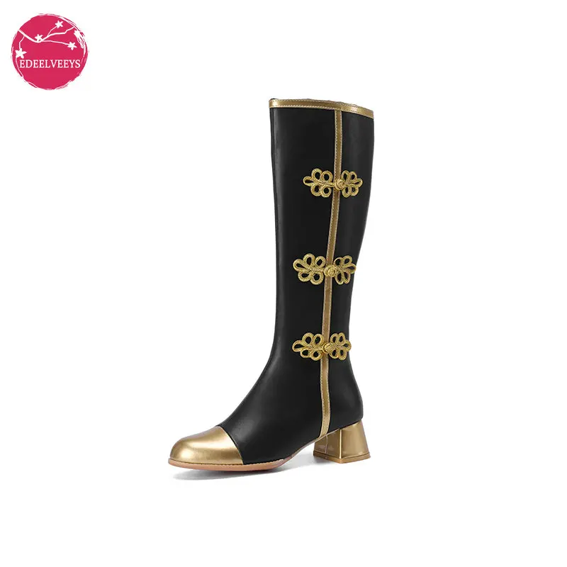 

Traditional Fashion Women Cosplay Knee High Boots Chuncky Heel Faux Cowhide Grain PU Leather Chinese Buckle Lolita QiPao Shoes