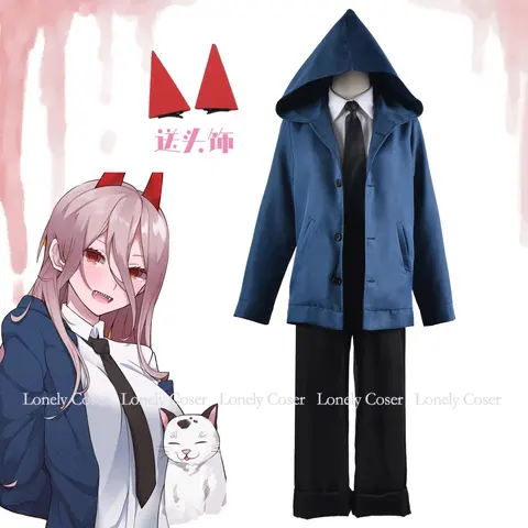 Power Cosplay Costume Anime Chainsaw Man Part 2 Blue Uniform Wig Teeth Hoodie Hairpins Blood Fiend Devil Makima Denji Girl Women