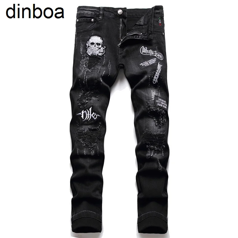 

Dinboa-skull Embroidery Black Jeans Men's Holes Scraped 3d Micro Chapter Stitching Worn Soft Casual Cotton Trend High Elastic 2