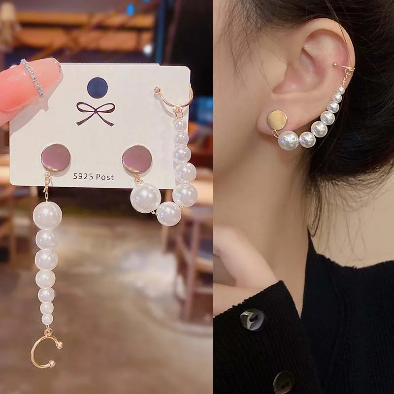 

2021 New Trendy Tassel Pearl Stud Earrings Ear Clip For Women Fashion Gold Color Drop Earrings Girls Wedding Birthday Jewelry