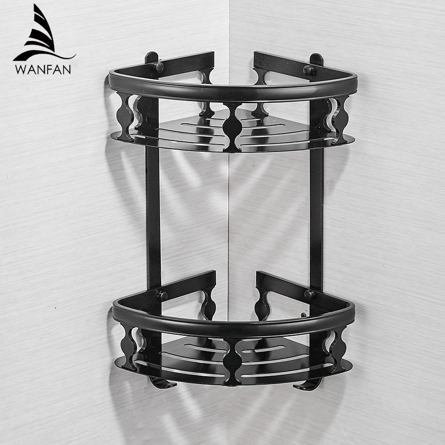 

Black Bathroom Shelves Aluminum 2 Tiers Corner Shelf Shower Caddy Storage Shampoo Basket Wall Kitchen Corner Sticky Holder