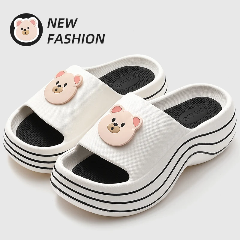 

Thick Heel Cartoon Bear Slippers Summer Slides Outside Beach Soft EVA Non-slip Sole Casual Ladies Shoes Home Slipper