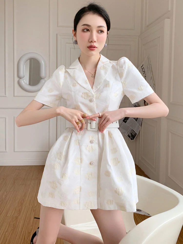 

Женское жаккардовое платье, модное однобортное элегантное платье с отложным воротником и короткими рукавами, B926, лето 2022