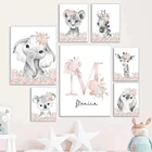 Настенный постер с именем ребенка на заказ, персонализированная Картина на холсте для детской комнаты, Настенная картина с изображением розовых цветов и животных для девочек, спальни