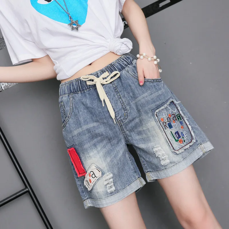 Women 2021 Fashion Summer Retro Blue Shorts Jean Female High Waist Plus Size Embroidery Denim Shorts Patchwork Casual Streetwear