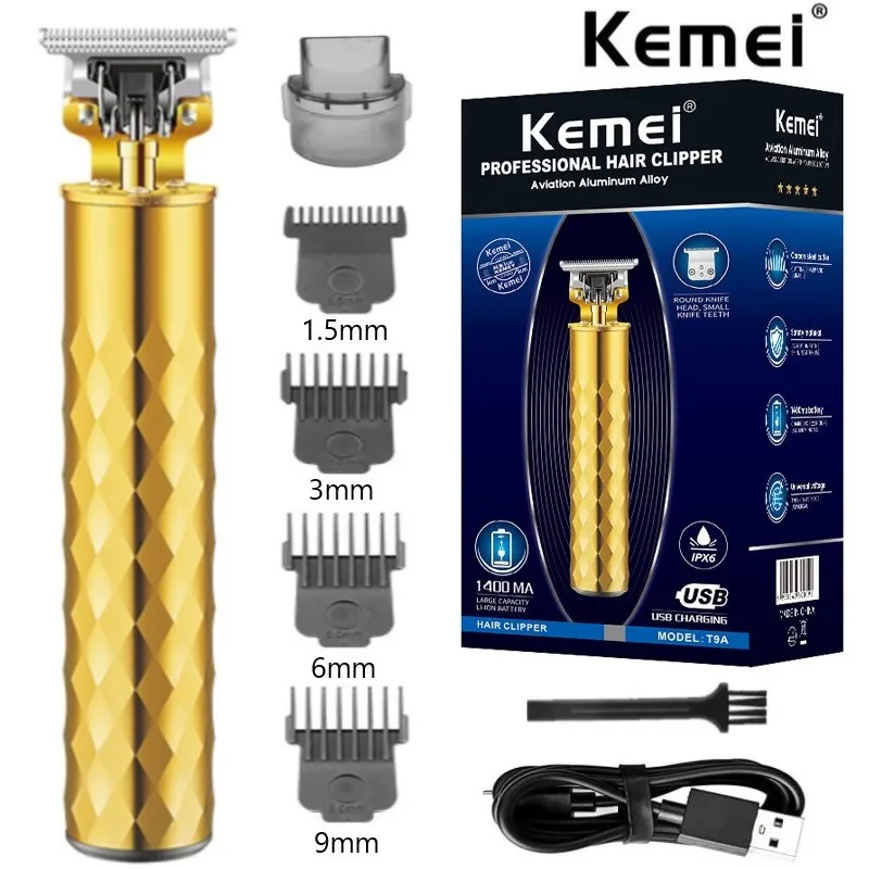 Kemei T9 Gold Hair Clipper Professional Electric Barber Zero Gapped Hair Trimmer 0mm Hair Cutting Machine Men USB Rechargeable