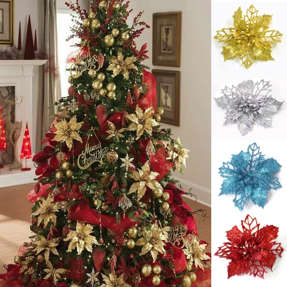 

5/10pcs Christmas Artifical Flowers Hollow Out Glitter Xmas Tree Ornaments Fake Flower Navidad New Year Decorations Home Party