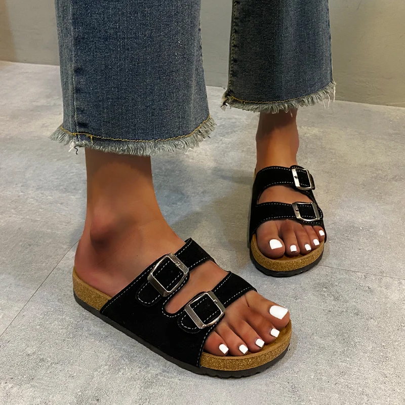 

Тапочки женские кожаные пробковые, Повседневная пляжная обувь, Нескользящие шлепанцы на платформе, с двойной пряжкой, модная обувь на лето