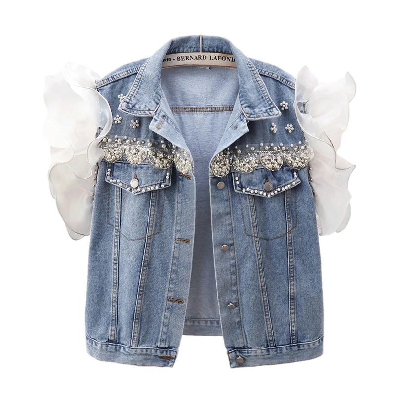 

Fashion Beading Diamonds Splicing Denim Vest Women Waistcoat Loose Short Cowboy Sleeveless Jacket Big Pocket Jeans Vests Female