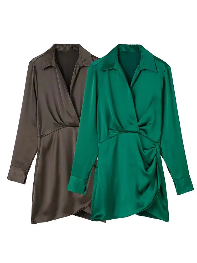 

KLKXMYT TRAF женское атласное мини-платье с рюшами осенние Элегантные повседневные платья для женщин 2022 модные вечерние платья с длинным рукавом