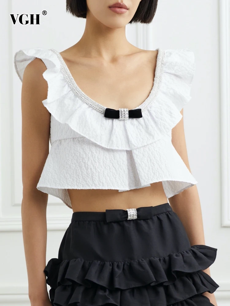 

VGH Casual Spliced Diamonds Tank Tops For Women Round Neck Sleeveless Patchwork Bow Minimalist Crop Tops Female Fashion Style