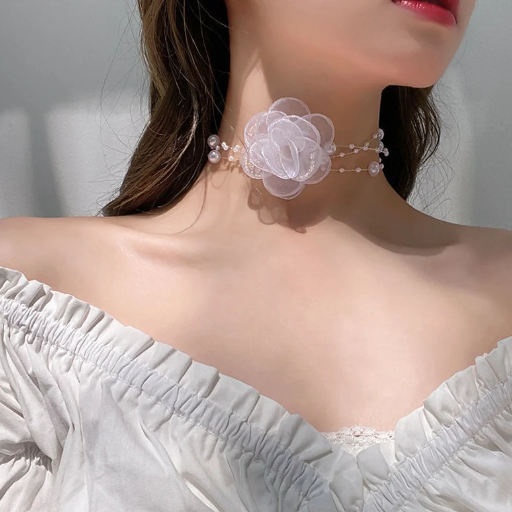 

Elegant White Lace Big Rose Flower Clavicle Chain Necklace for Women Wed Imitation Pearl Rope Choker Aesthetic Neck Jewelry