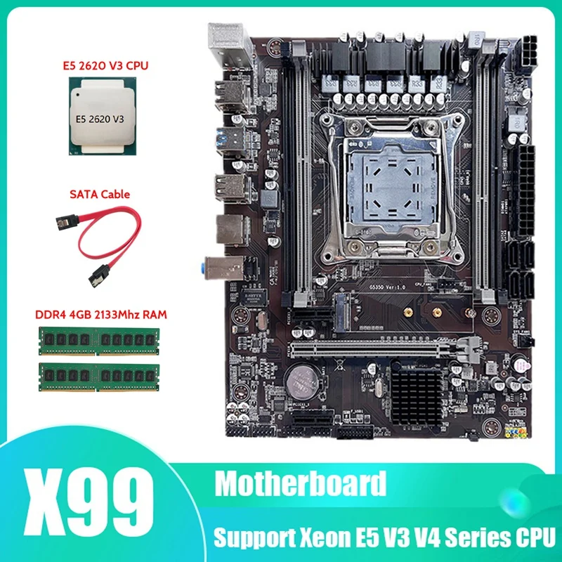 X99 Motherboard LGA2011-3 Computer Motherboard Support DDR4 RAM With E5 2620 V3 CPU+2XDDR4 4GB 2133Mhz RAM+SATA Cable