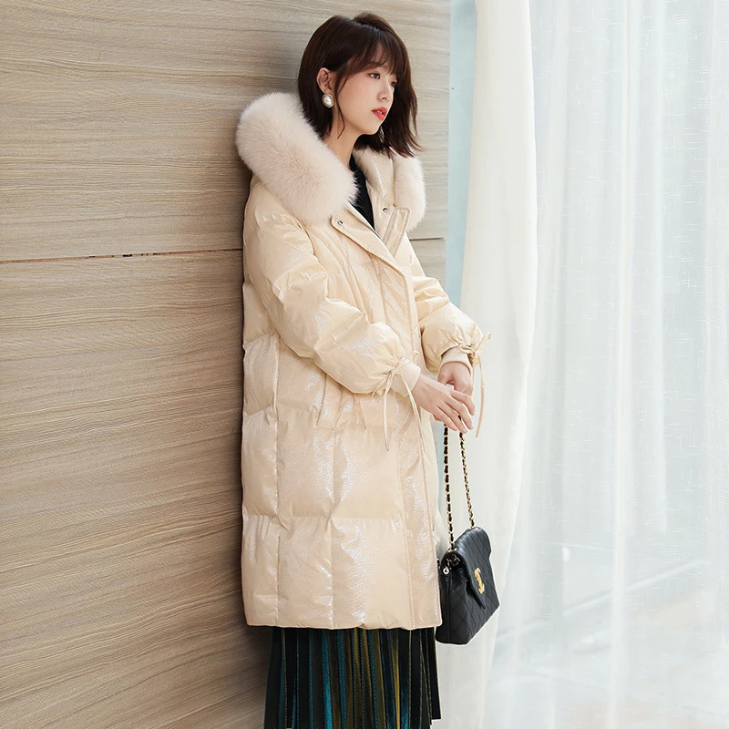 Пуховик женский средней длины 90% Пух белой утки свободный корейская мода большой