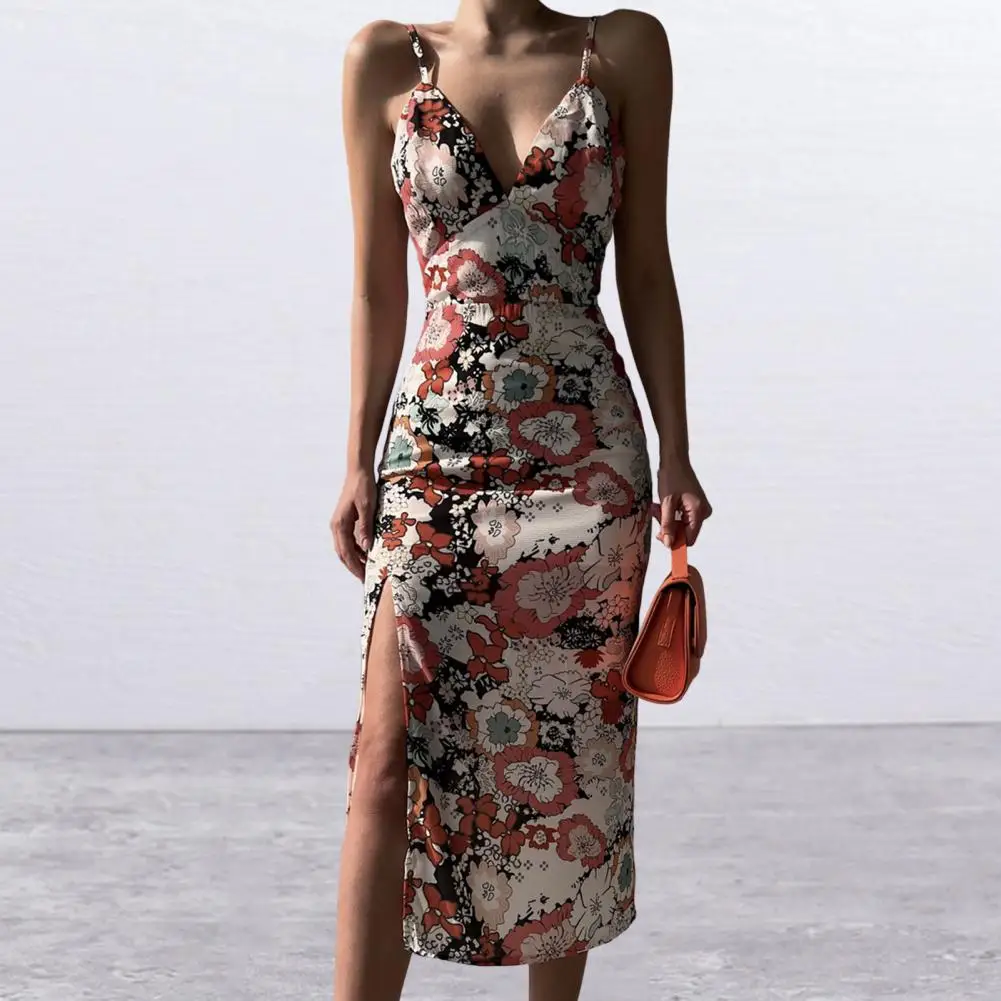 

Summer Dress Deep V-neck Hip Wrap Backless Side Split Hem Lady Retro Floral Print Sleeveless Beach Holiday Dress Female Clothing