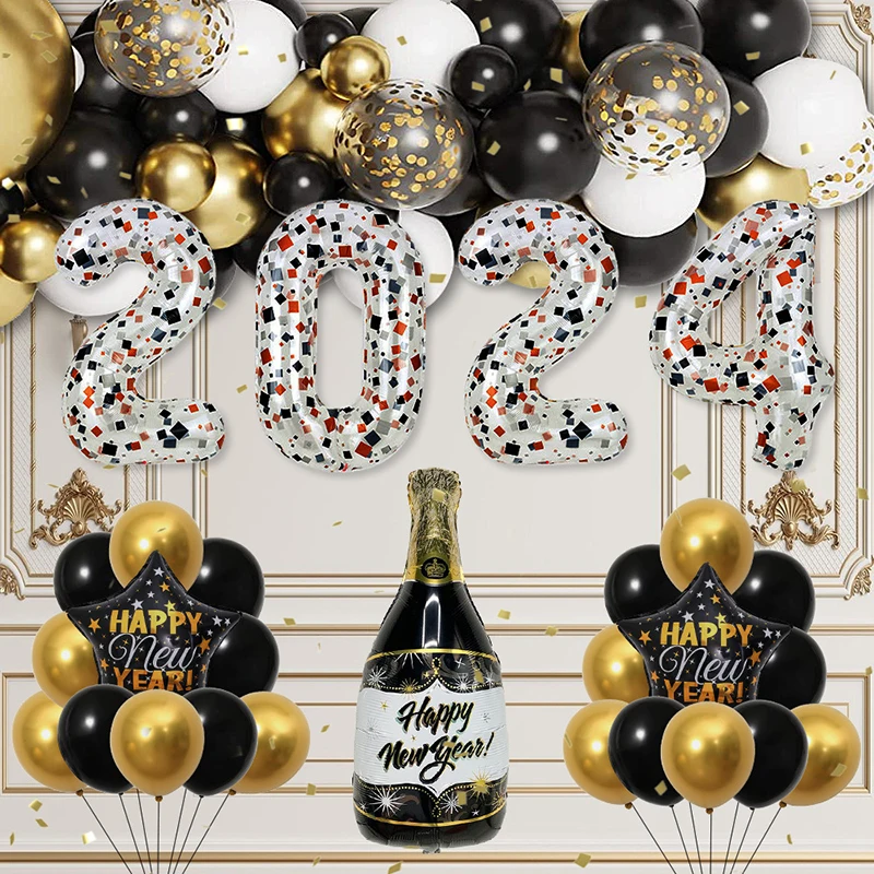 

Set Black Gold Balloon Arch Garland Kit New Year Banner 2024 New Years Eve Party Supplies Star and Wine Bottles Foil Balloons