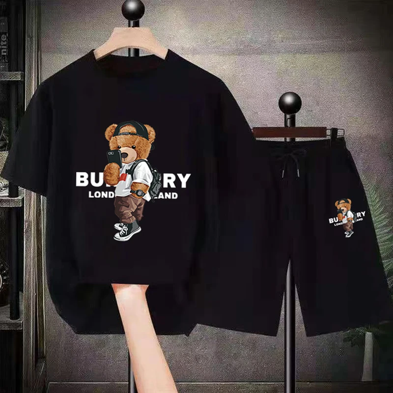 

Костюм спортивный мужской из 2 предметов, хлопок, короткий рукав и шорты, модная уличная одежда с рисунком медведя, лето