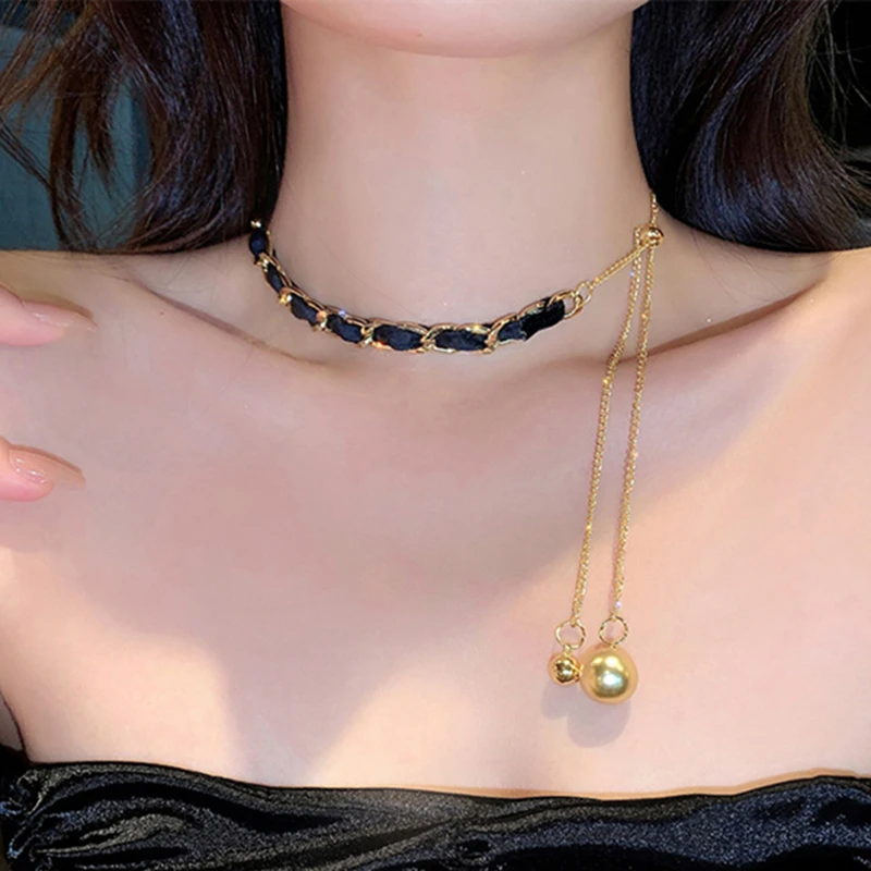 

KIOOZOL women gold color metal chain chic black choker necklace fashion party jewelry 2022 new accessories KO2