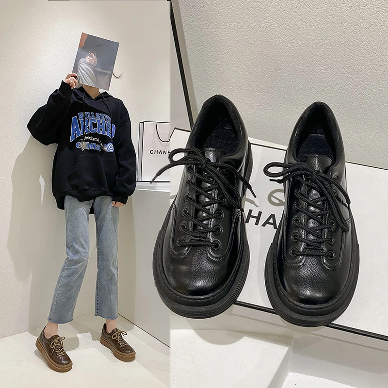 

Новые модные повседневные туфли на толстой подошве, кожаные туфли на шнуровке спереди, женские туфли с большим носком, осенне-зимние туфли на плоской подошве