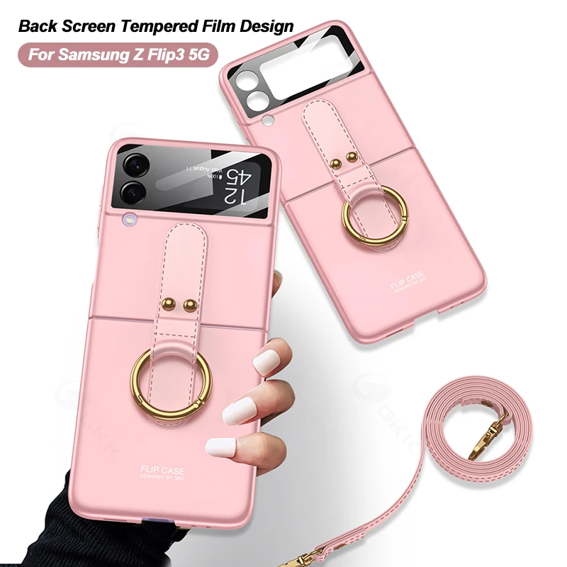 

For Samsung Galaxy Z Flip 3 5G Case Original Outer Screen Glass Case Ultra-thin Ring Strap Hard Cover For Samsung Z Flip3 5G