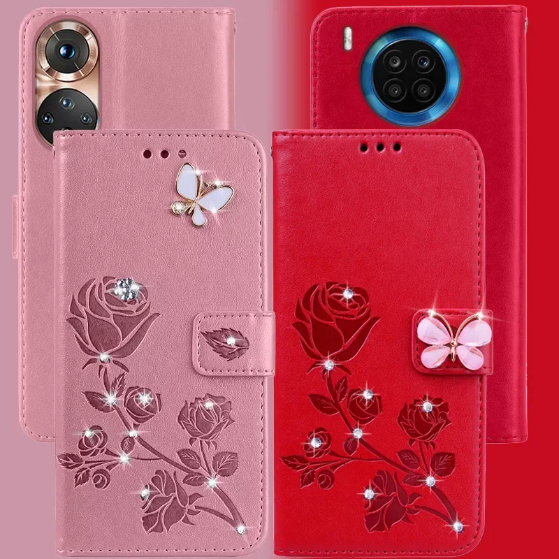 

DIY leather Case for Huawei Honor 50 Honor 50 20 10i 8 9 Lite Pro 30S 30I 20e 20s Nova 8i 5t 3i 2i Flip Rose Case Cover