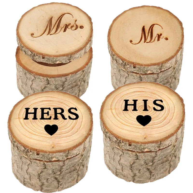 2pcs/set Mr Mrs Rustic Wedding Ring Box Wood Jewelry Ring Holder Gift Packaging Box Vintage Country Travel Wedding Decoration