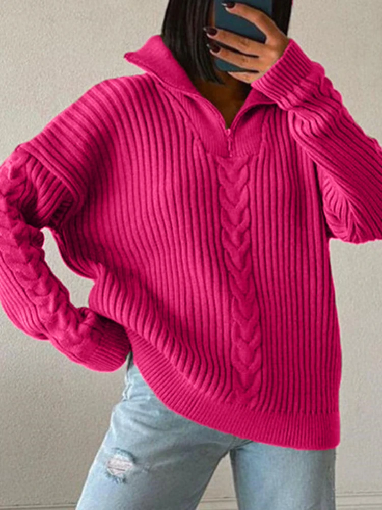 

Woman Clothes Fashion Tops 2022 Women Sweater Fried Dough Twist Lapel Loose Solid Color Knitted Zipper Pullover Sweater Women