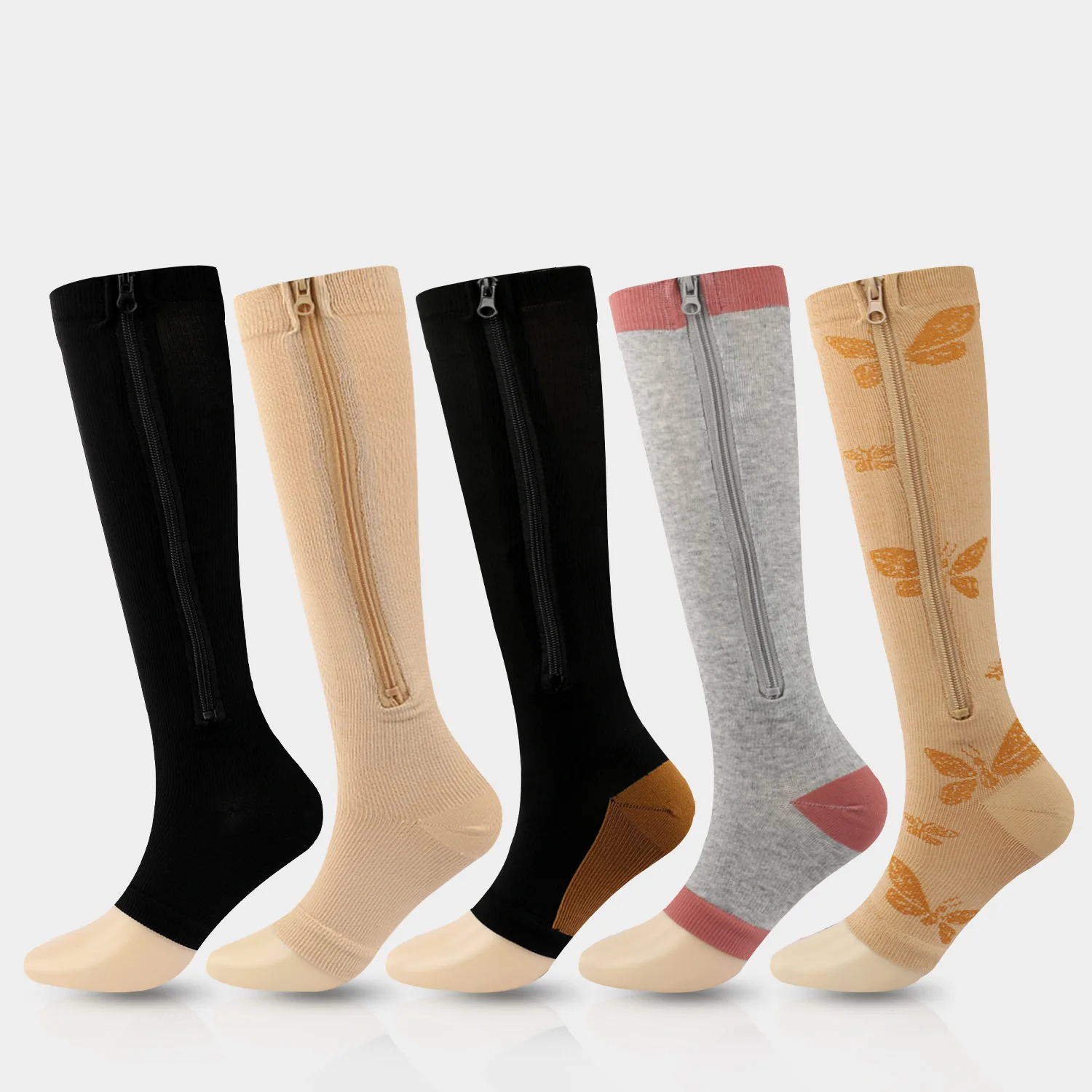 

3Pairs Solid Color Exercise Compression Sock with Zipper Stockings Elastic Leg Socks for Sports Fitness Marathon Home Yoga Socks