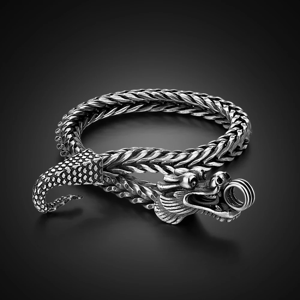 

Men 100% 925 Sterling Silver Bracelet Male Chain Vintage Thai Silver Dragon Bangle Boy Jewelry Gift with Delicate Box